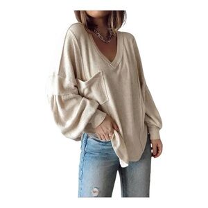 BTFBM Ribbed V-Neck Balloon Sleeve Tunic Top Beige Size L